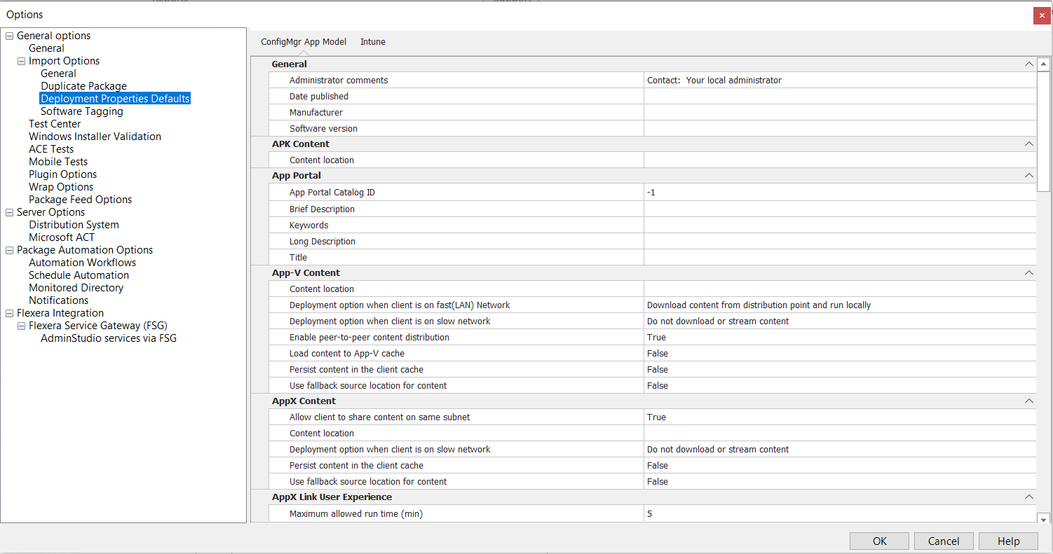 Deployment Properties Defaults / ConfigMgr App Model Tab