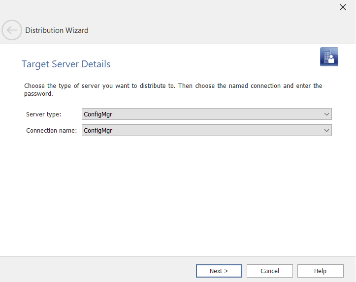 Distribution Wizard / Target Server Details Panel