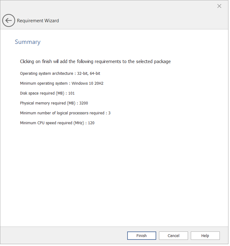 Requirement Wizard / Summary Panel