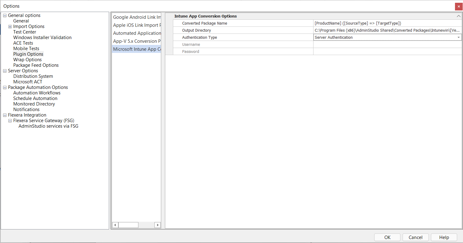 Options Dialog Box / Plugin Options Tab / Microsoft Intune App Conversion Options