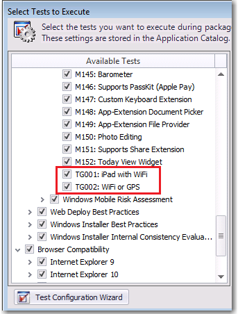 Custom Mobile Tests on Select Tests to Execute Dialog Box
